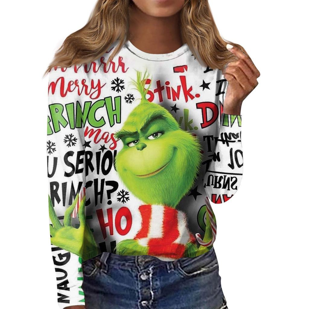 Women's Fashion Casual Long Sleeve Christmas Print Round Neck Pullover Top Blouse