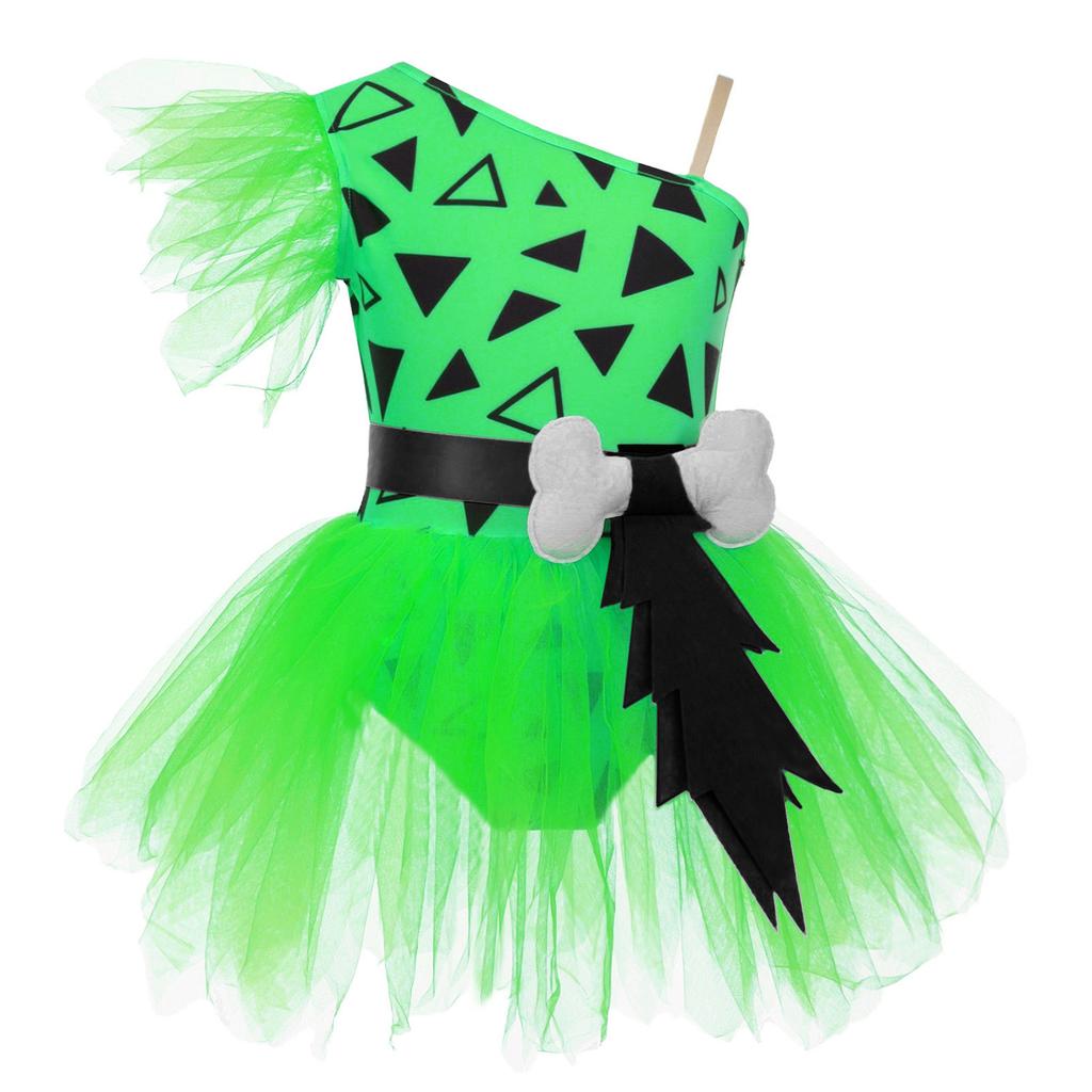 Girls Cavegirl Outfit Patchwork Tutu Dress Adjustable Strap Mesh Short Sleeve Built In Briefs 3D Bone Belt Prehistoric Costume