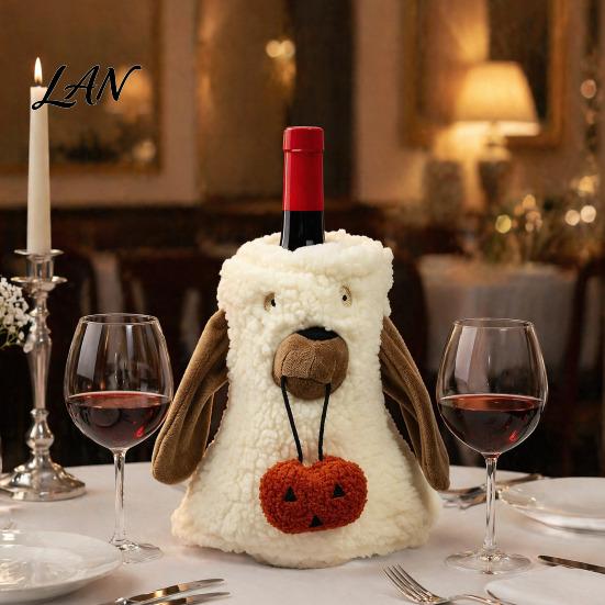 Party Wine Bottle Accessory Halloween Ghost Fleece Bag, Cute Plush Holiday Decor Cover for Dinner Table, Decoration Soft Cotton Velvet Sleeve