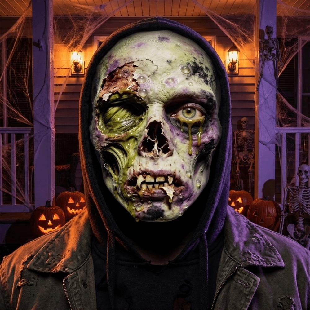 2D Flat Printed Full Face Mesh Headgear Breathable Halloween Cosplay Mask Skull Zombie Mask Prank