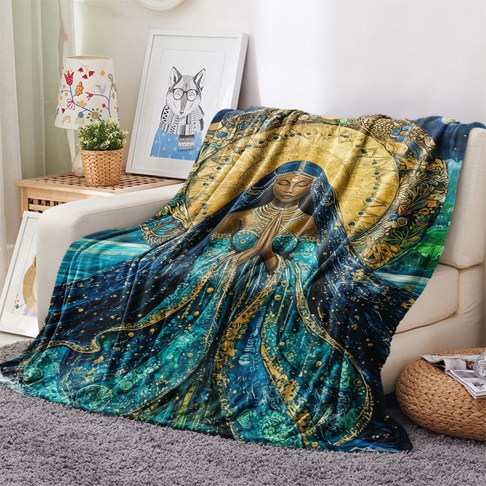 1Pc God Print Flannel Blanket, High quality Comfortable for All Seasons, Home Decor, Warmth and Comfort, Perfect for Christmas Gifts