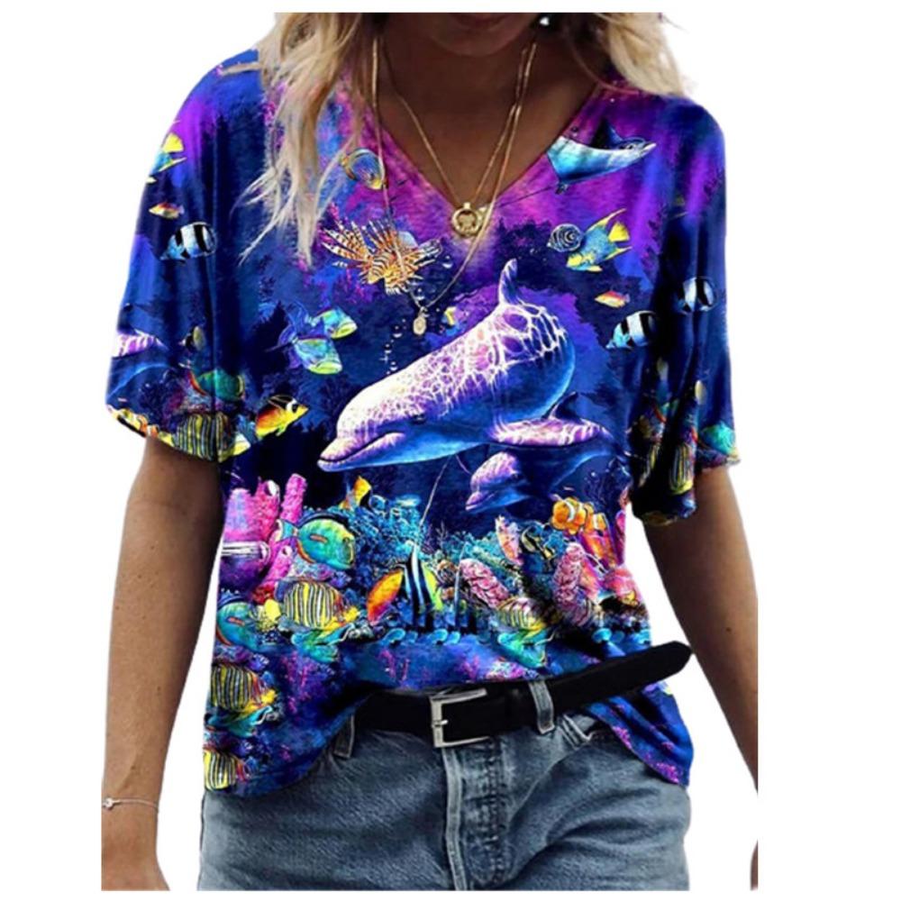 3D Marine Animal Print Women's Short T-shirt Summer 2025 Fashion Street Fashion Women's T-shirt Casual V-neck Loose Top