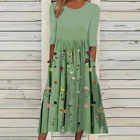 Yousheng Women's Summer Flowy Midi Dress Boho Floral Pleated Dress with Pockets Casual Half Sleeve Crew Neck Swing Dress