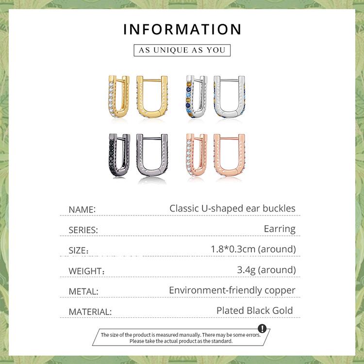 BAMOER 925 Sterling Silver Classic U-shaped Ear Buckles Earrings for Female Shining Zircon Earrings Fine Jewelry Gift