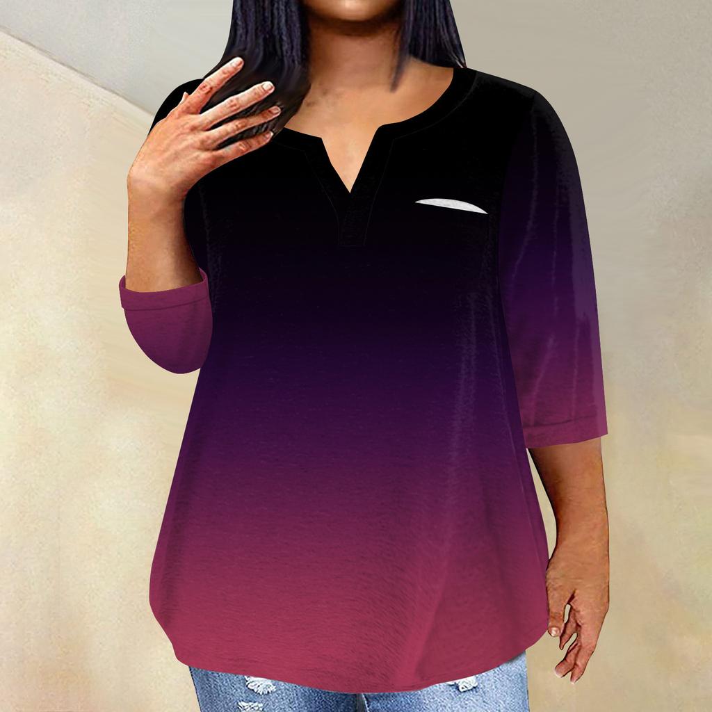 Women's Fashionable Casual Three Quarter Sleeve Printed V Neck Pullover 4/3 Sleeve Top