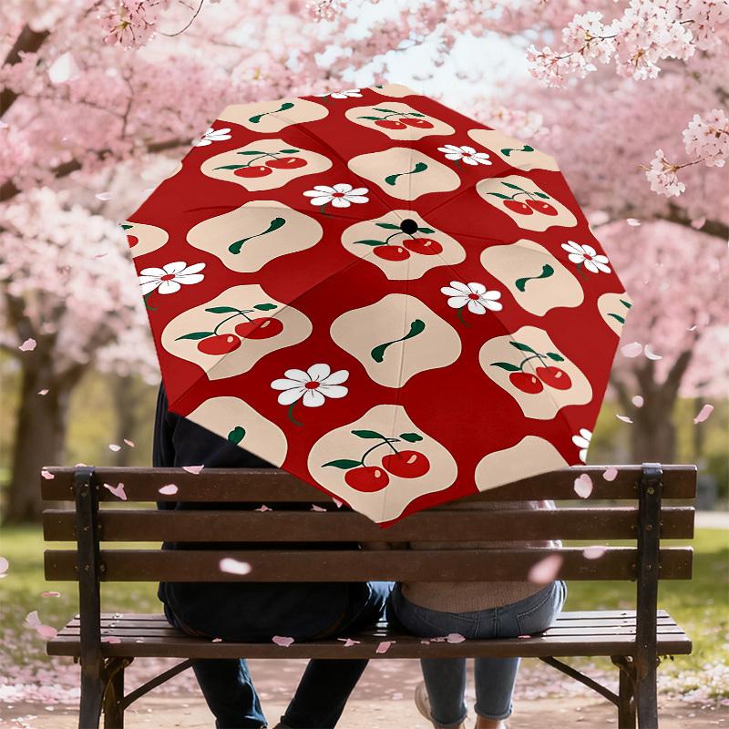1pc Cherries Flowers Automatic Open/Close Umbrella Compact Folding Umbrella with 8-Rib Shaft for Women/Men, Elegant Birthday1249S