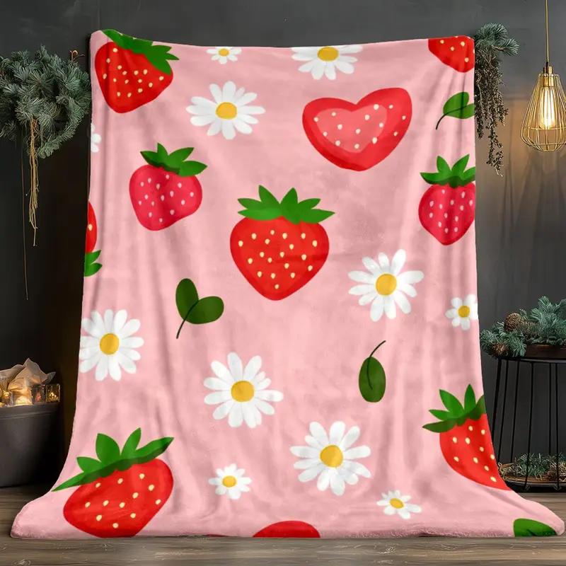Strawberry and Sunflower Flannel Blanket - Lightweight and Warm for Sofa, Travel, Bed and Office, Christmas and Halloween