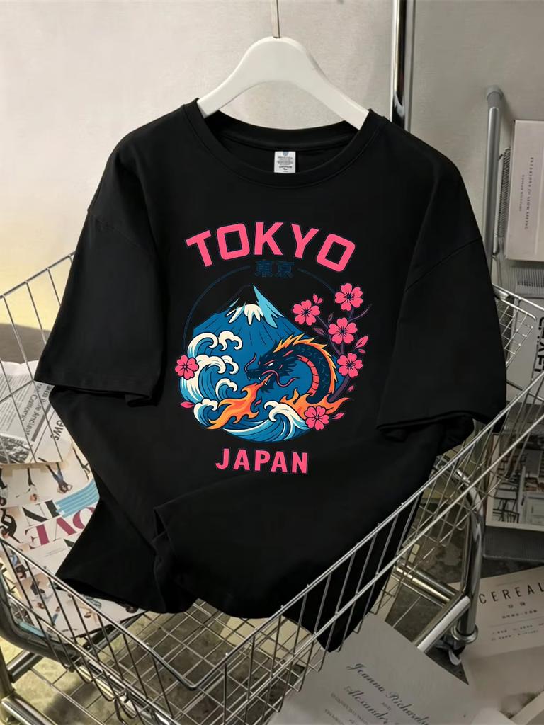 Unisex Tokyo Japan Dragon Cherry Blossom Graphic Tshirt Short Sleeve Crew Neck Loose Japanese Casual Tops For Unisex Unisex