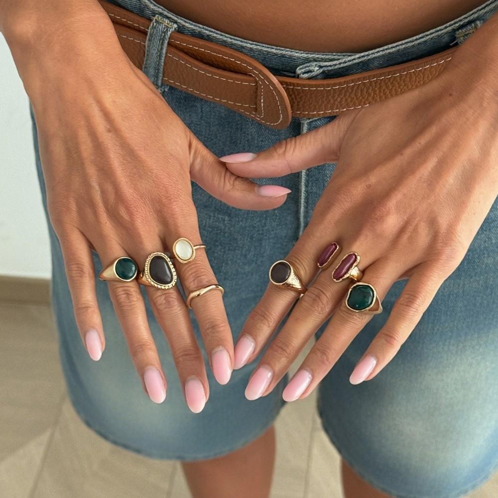 7Pcs/Set Gold Tone Metal Bezel Geometric Gem Ring Finger Ring Jewelry Holiday Occasion