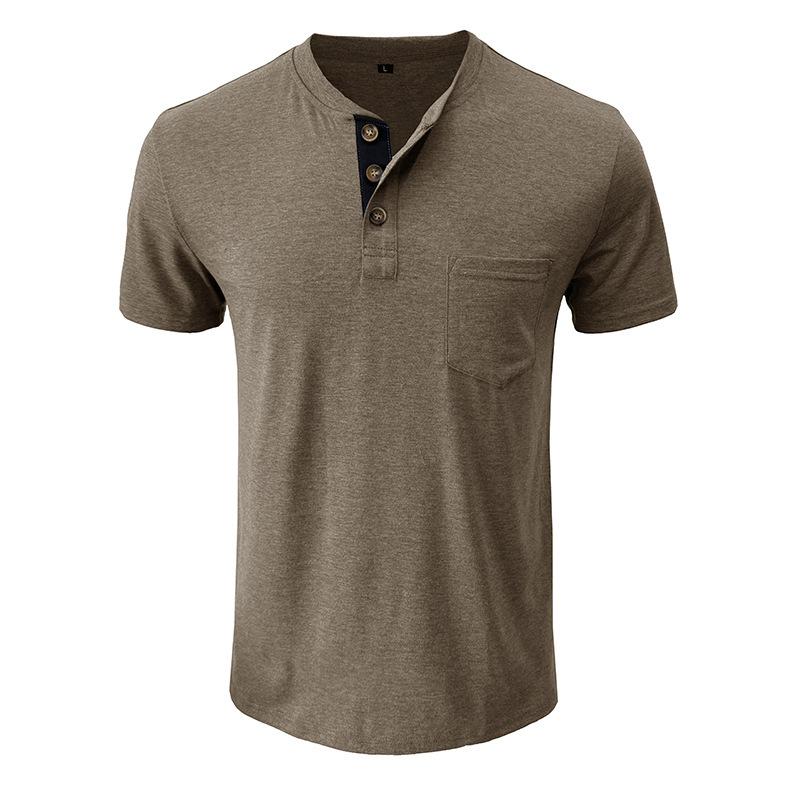 Мужская повседневная футболка-henley с коротким рукавом и карманом на груди