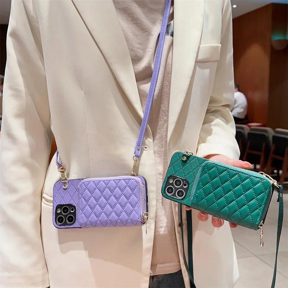 Чехол-кошелек на молнии для iPhone 16 15 14 13 12 11 Pro XS Max X XR 7 8 Plus с отделением для карт и кожаным шнурком