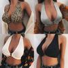 Womens Sexy Plunging Deep V-Neck Bralette Halter Wide Strap Leopard Backless Crop Top Metal Ring Ruched Push Up Bustier Clubwear