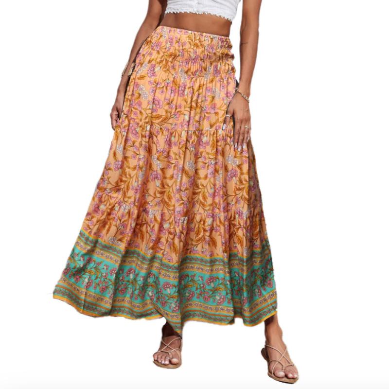 Женская летняя юбка с принтом, большая юбка-солнце, богемная повседневная юбка с высокой талией, длинная юбка, пляжная юбка для женщин