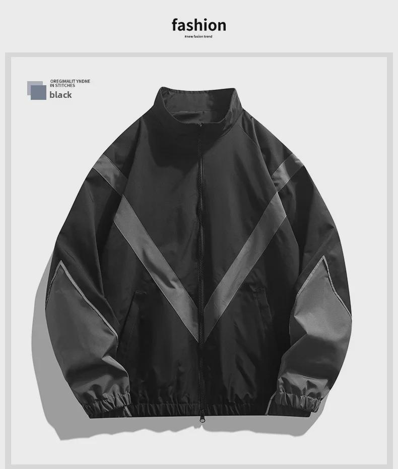 Мужская легкая куртка со светоотражающими швами и воротником-стойкой — повседневный спортивный стиль для весны и осени