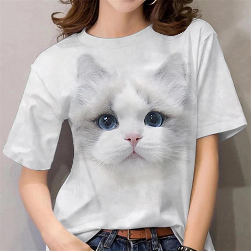 Женская футболка Kawaii Cat Print 3D футболка Топ для девочек Y2k Одежда Летние футболки с короткими рукавами с v-образным вырезом Повседневная праздничная женская футболка