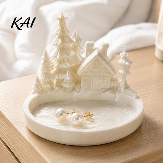 Modern Home Accent Piece Christmas Winter Village Jewelry Tray, 3D Printed Snow House Pine Tree Decorative Dish, Matte White Trinket Bowl Mini Desktop