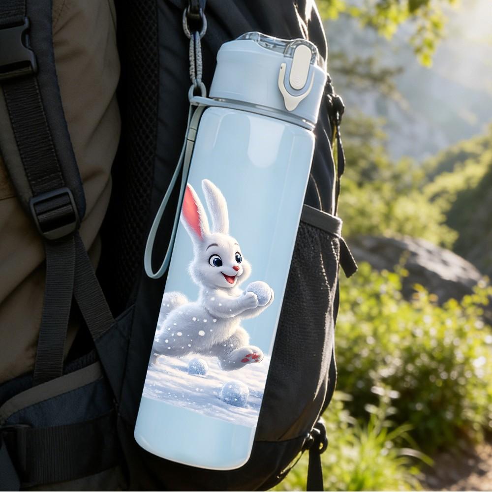 1PC Rabbit And Bear On Ice Snow Scene Print 750ml Color Plastic Sports Water Bottle Leakproof Flip Straw Lid Suitable for Sports Office Home Use