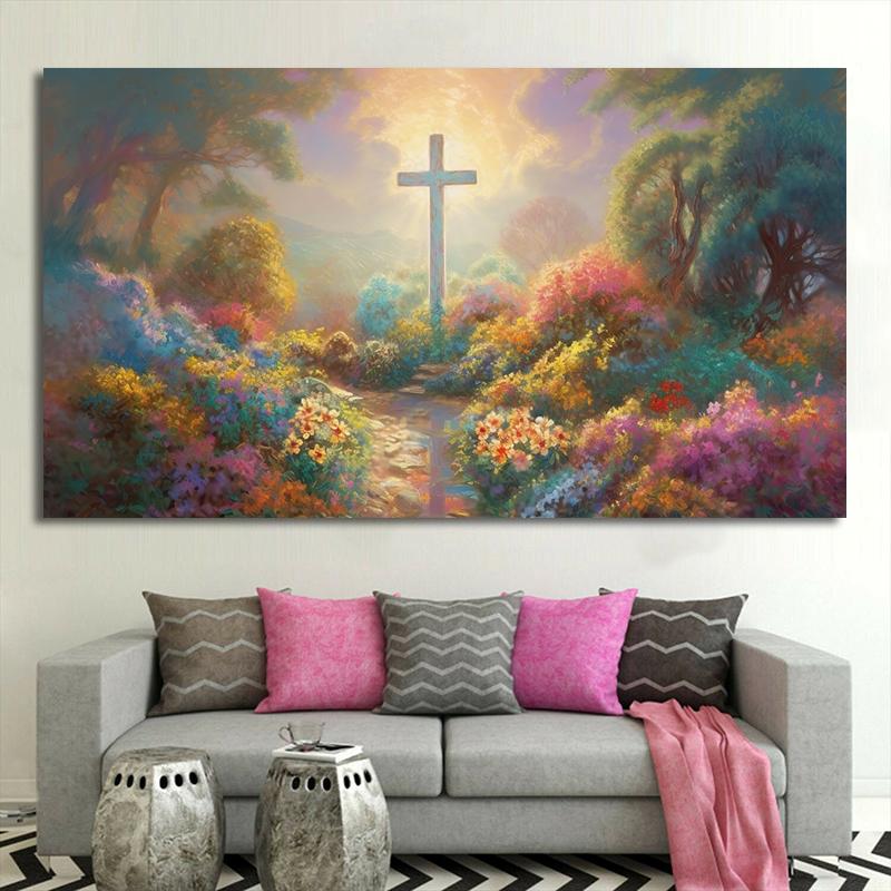 Абстрактный Христианский Иисус Крест Красочная Масляная Живопись Напечатанная на Холсте Райский Сад Религиозные Постеры для Декора Гостиной