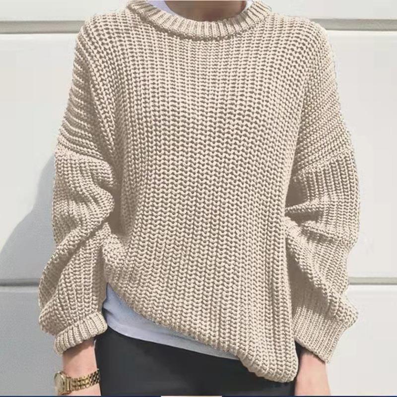 Осень и зима новый женский свободный простой пуловер круглый вырез длинный рукав вязаный повседневный свитер
