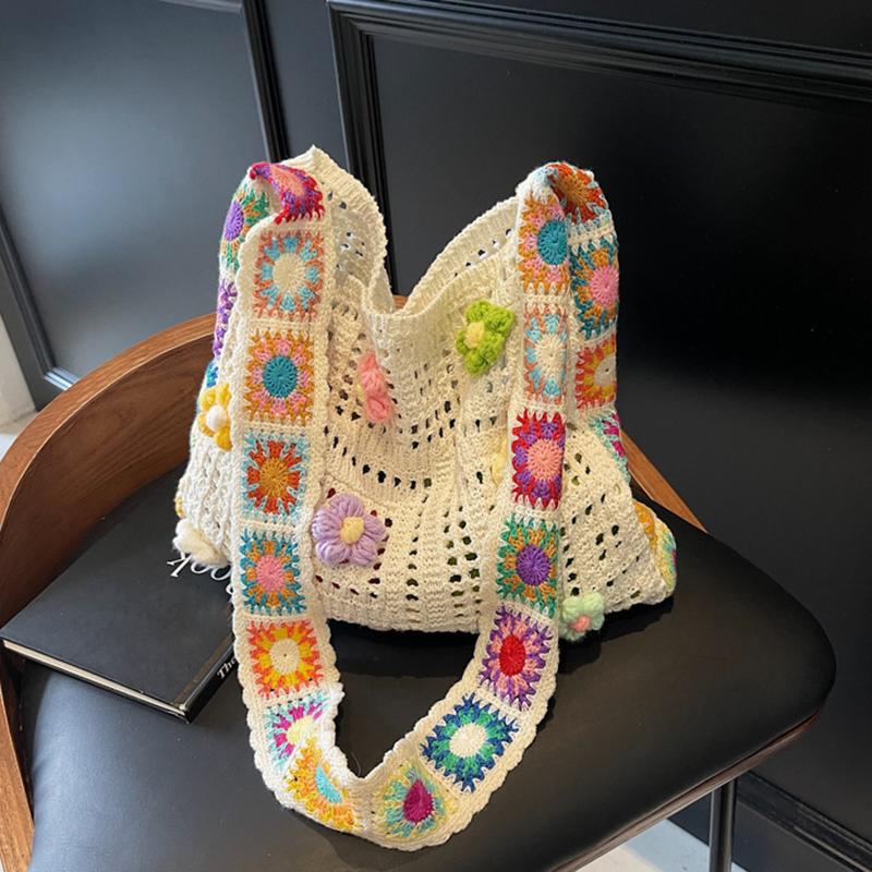 Vintage Hollow Woven Women Floral Decor Shoulder Bag Knitting Handbags Large Capacity Tote Bags For Ladies Beach Travel Shopper Purse CLE