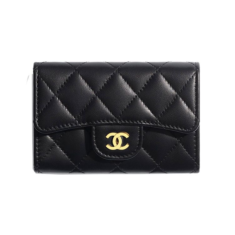Chanel Женский кошелек с клапаном и золотой пряжкой, отделениями для карт, стеганой овечьей кожей, двойным логотипом C, черный AP0214-Y01295-C3906
