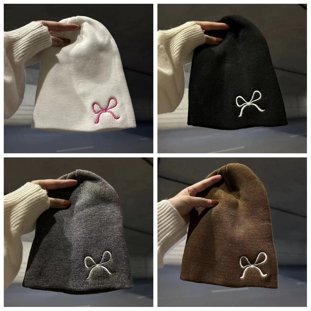Wool Knit Cap Warm Beanies Cute Embroidery Bow Knitted Hat Girls