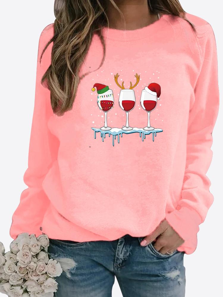 Women Autumn and Winter Clothing Christmas Deer Printed Casual Sweatshirt Long Sleeve Tops T-shirt Ladies Round Neck Pullover Blouse