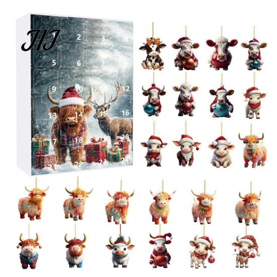 Christmas Tree Pendant Decoration Set Advent Calendar, 24 Day Countdown Box with Highland Cow Creative Souvenir for Family Acrylic Pendants,