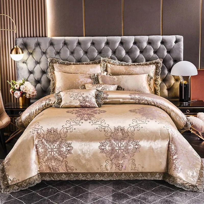 Роскошные европейские жаккардовые комплекты постельного белья с кружевными краями, пододеяльник, сплошной цвет, простыня, свадебное красное постельное белье, домашний текстиль, комплект из четырех предметов