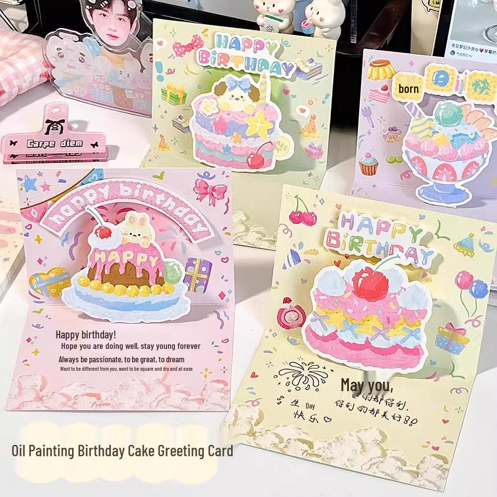 Newcomer 0.01: 3D Oil Painting Birthday Cake & Greeting Card Set (2 Items).