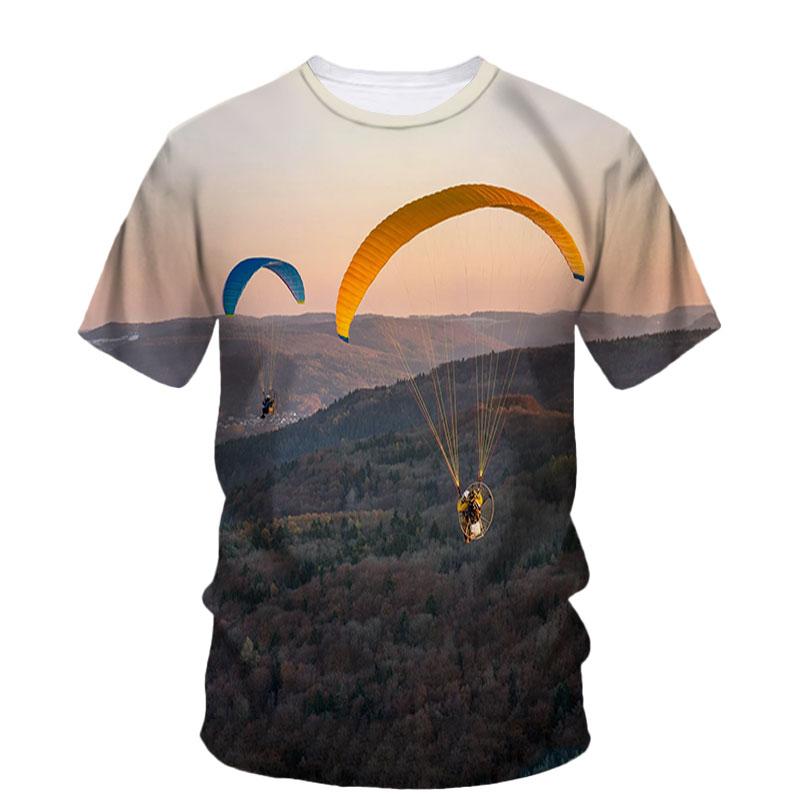3D Parachute Paraglider Printed Casual Short Sleeved Children's Boy T-shirts  - Soft Medium Stretch Fabric Spring and Autumn Relaxed Fit Clothing
