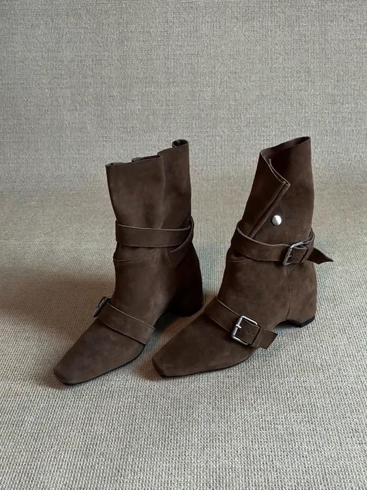 Версия из коровьей кожи~ ретро нишевый темперамент квадратный носок внутренняя высота увеличение ремень с пряжкой ковбойские сапоги вестерн женские складки два способа носки короткие сапоги