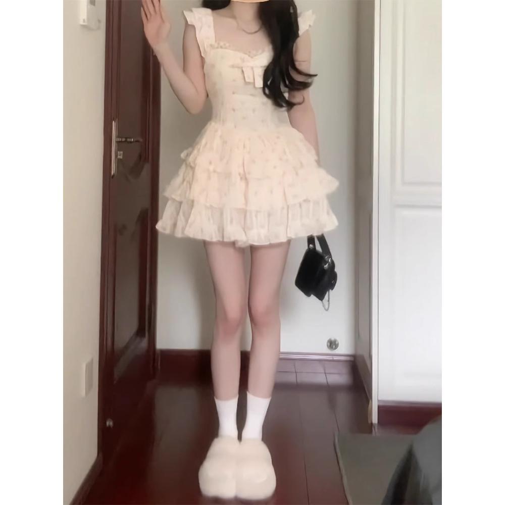 Xiaofei Sleeve Floral Dress Women's Casual Summer New Sweet Little Princess Cake Dress Waist Fluffy Dress