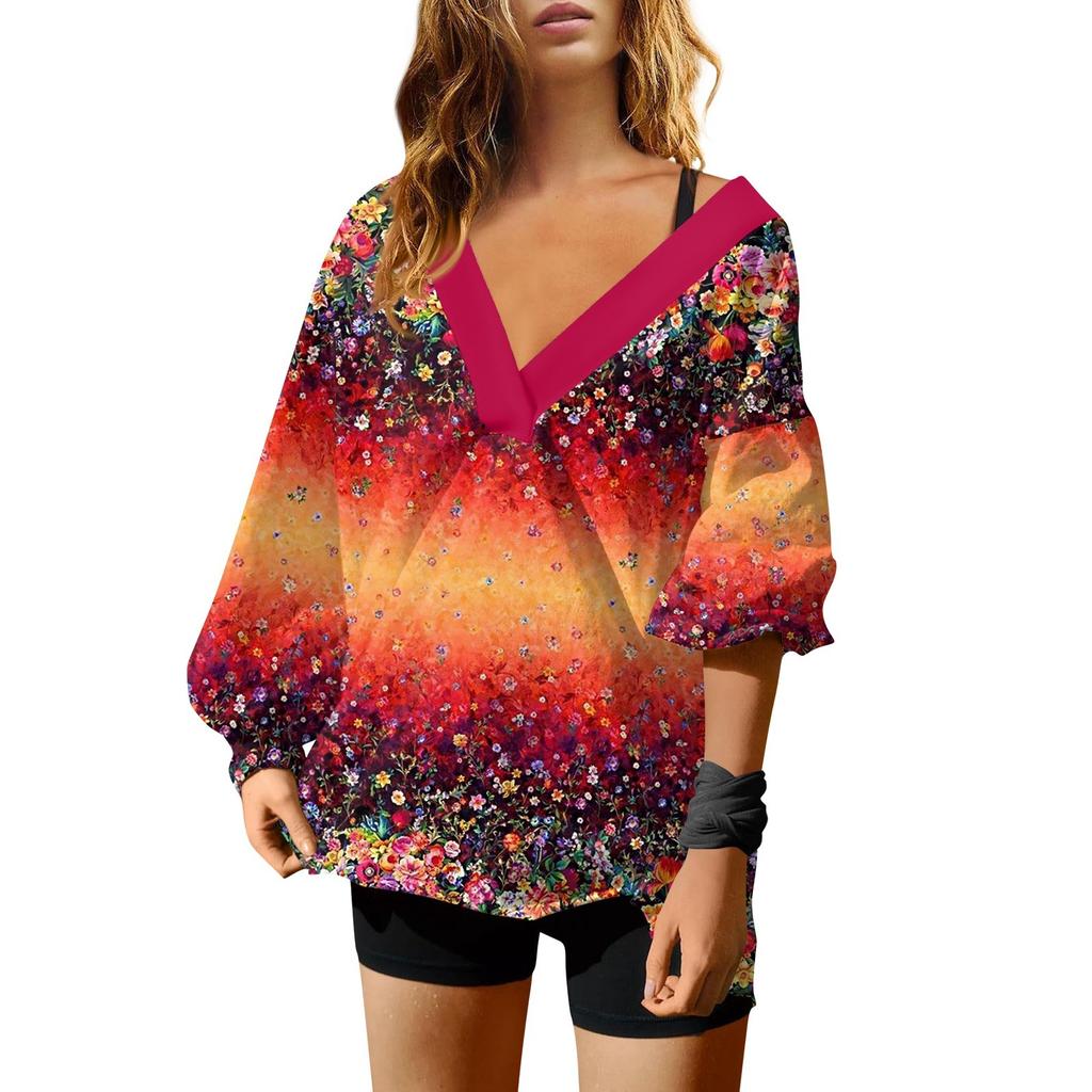 Женская мода V-образный вырез длинный рукав принтованный свободный пуловер свитшот топ