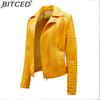 BITCED Короткая кожаная куртка на весну/осень для женщин, приталенная, с воротником, байкерская куртка с косой молнией