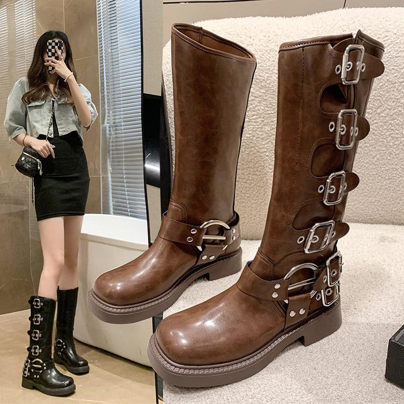 Модные ботинки на платформе Combat Boots с застежкой-молнией и пряжкой на каблуке Vintage Fashion Casual Luxury Designer Western Mid Calf Boots Shoes Woman