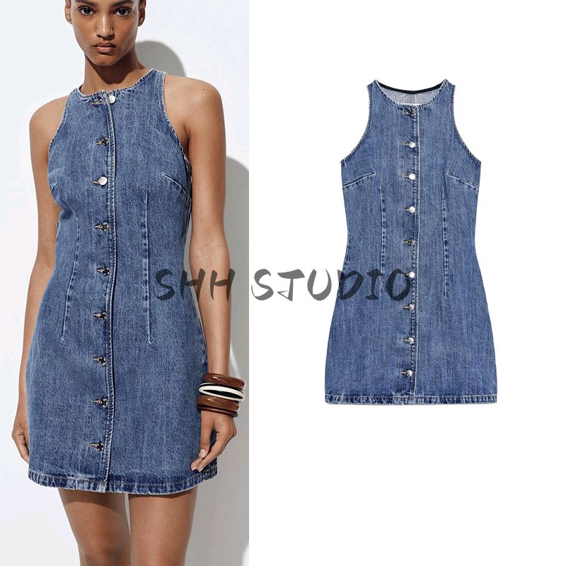 Summer New Product Women's Clothes Minimalist Style Metal Button Decoration Denim Round Neck Short Sleeveless Dress 6147092