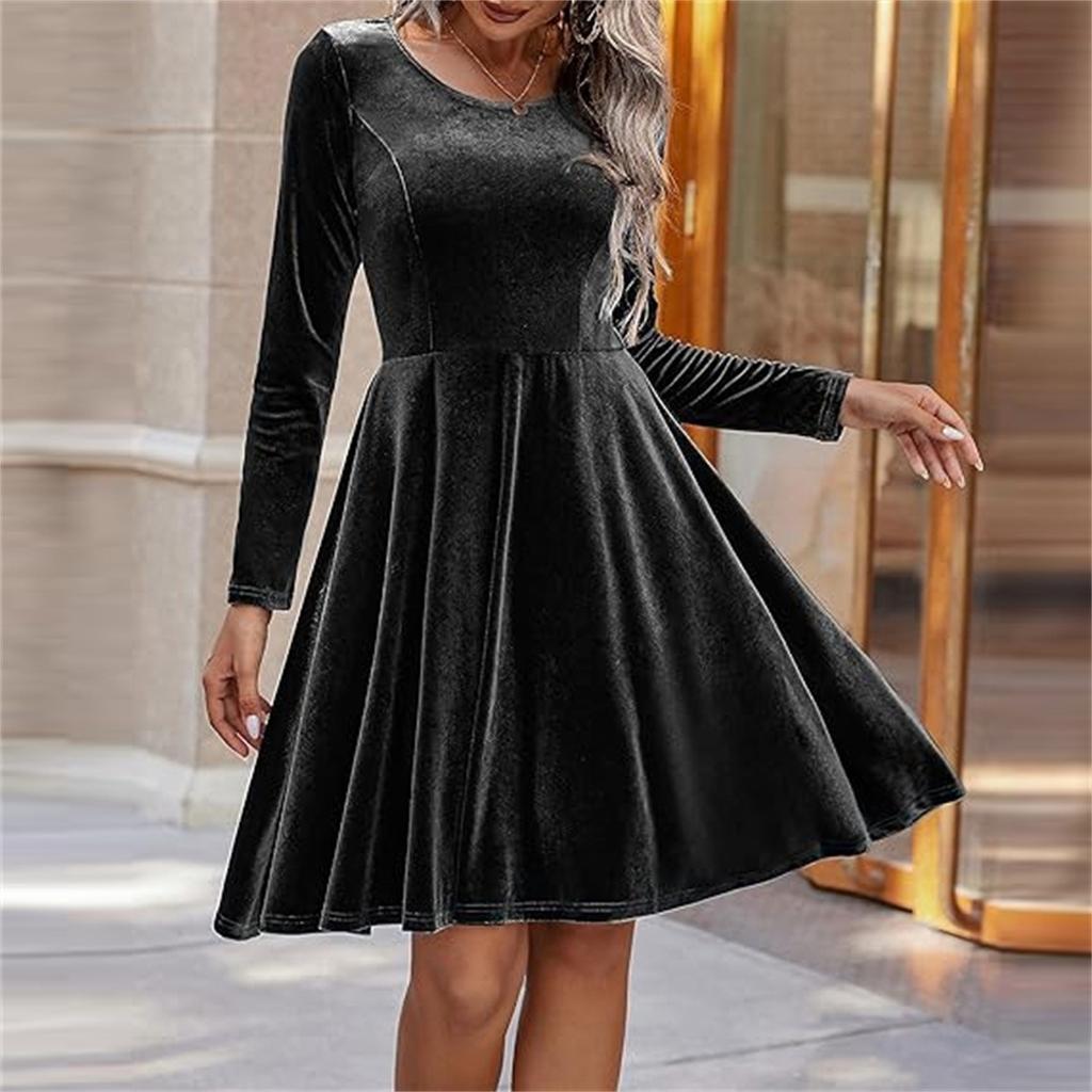 Женское модное бархатное платье с длинным рукавом и круглым вырезом