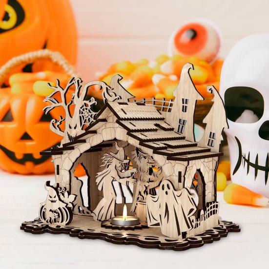 Halloween Candle Holder Spooky Wooden Witch Ghost House Candlestick Decoration for Home Indoor Party Decor
