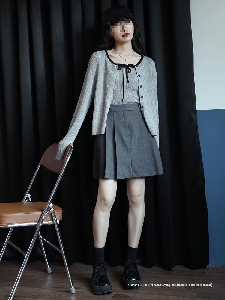 Retro Gray Knitted Cardigan Set - 2025 Autumn Women's Collection