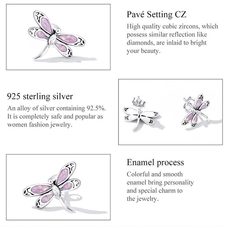 WOSTU 925 Sterling Silver Fine Pink Dragonfly Stud Earrings Insect Animal Ear Studs for Women Original High Quality Jewelry