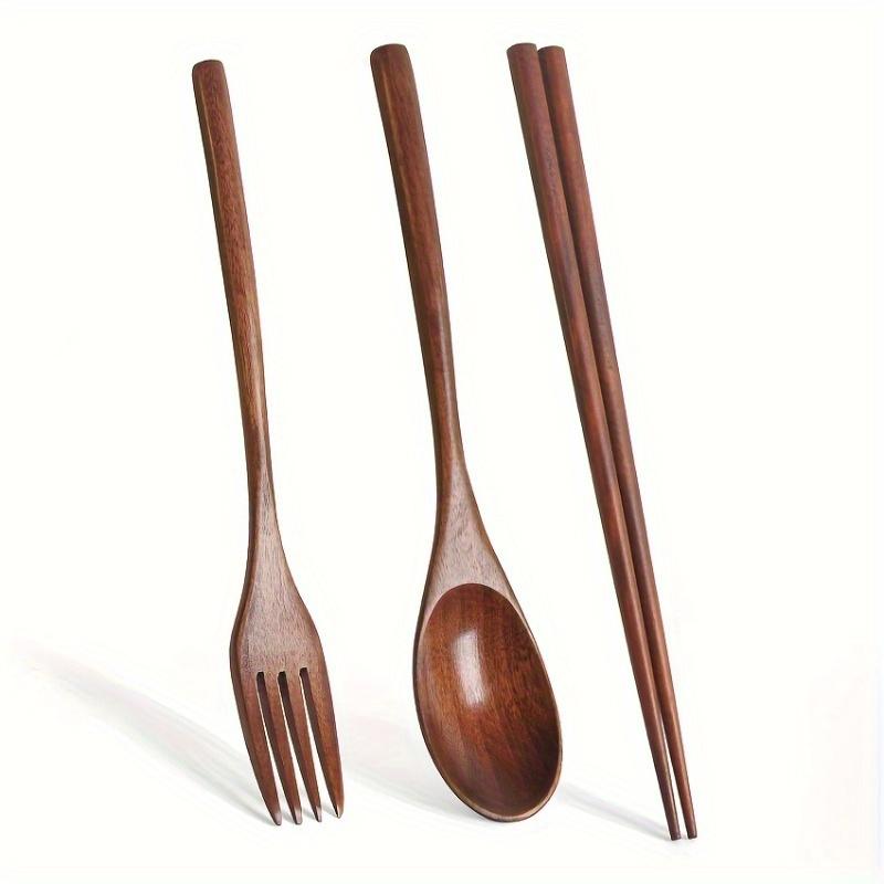 Portable 3-piece Set Korean Wooden Tableware Fork Spoon Chopsticks Solid Wood Long Handle Spoon Chopsticks Tableware Dinnerware