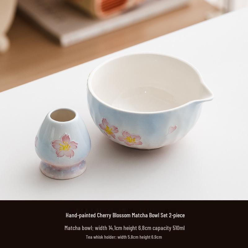Handmade Japanese Cherry Blossom Matcha Bowl with Whisking Tool, Imitation Song Dynasty Tea Stirrer, and Hyakuhon-date Chasen Stand