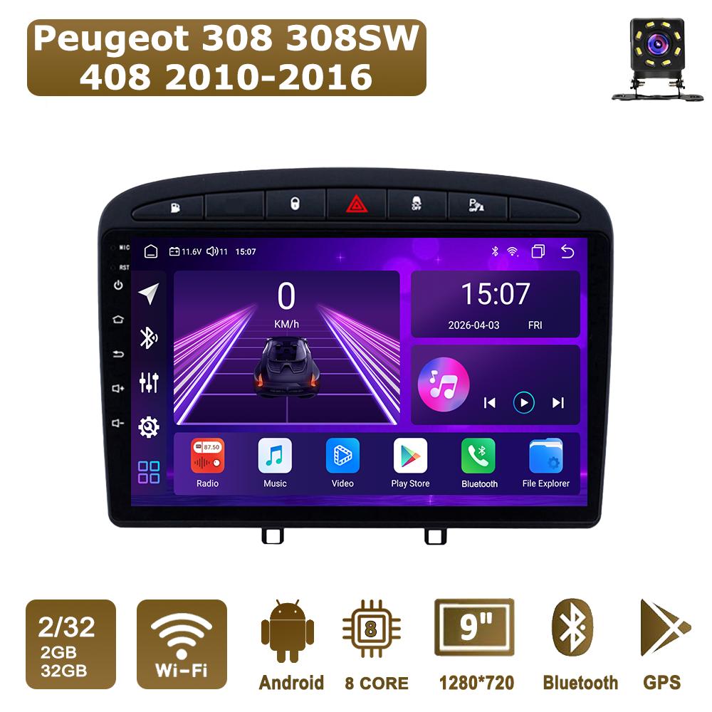 Автомобильная магнитола Android Car-Play для Peugeot 308 308SW 408 2010-2016 Мультимедийный плеер Головное устройство Стерео Навигация GPS BT WIFI, 8 ЯДЕР ,2+32ГБ
