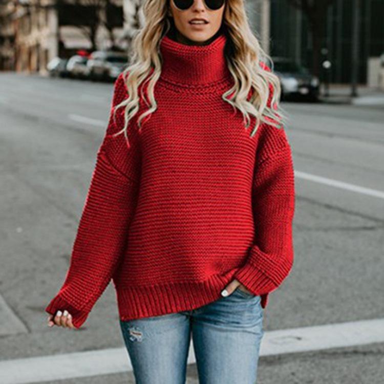 Осенне-зимний женский свитер, толстая вязка, пуловер, длинный рукав, водолазка, однотонный, теплый