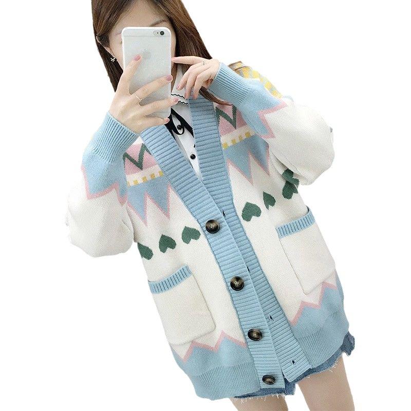 Женский кардиган оверсайз с принтом в виде сердечек, милый мягкий тонкий вязаный жакет с v-образным вырезом и пуговицами, винтажный кардиган для женщин