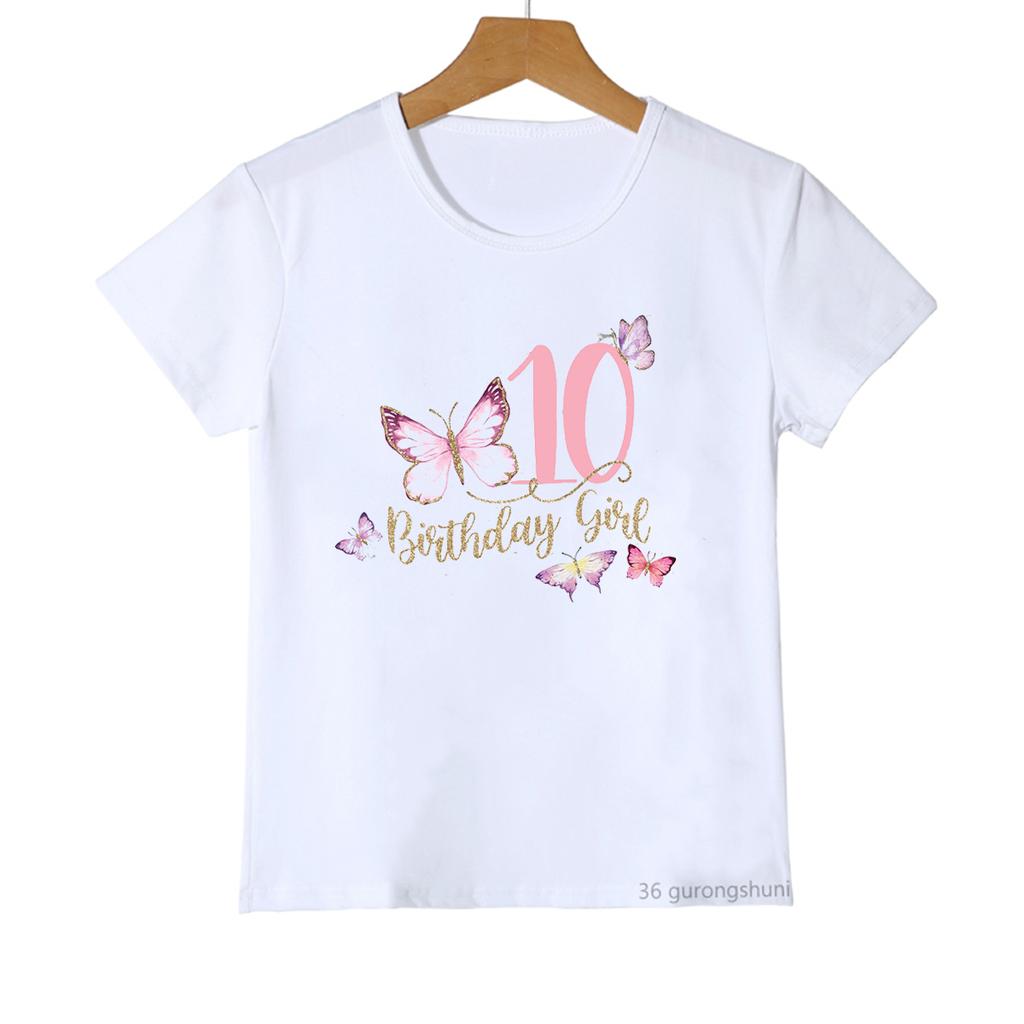 Kawaii Girls TShirt Funny Birthday Numbers 110 Yeas Old Butterfly Print Tshirt Kids Birthday Party Clothing Cute Girls Clothes