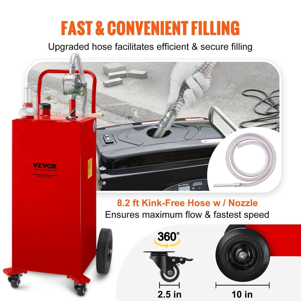 Fuel Caddy, 35 Gallon, Gas Storage Tank on 4 Wheels, with Manuel Transfer Pump, Gasoline Diesel Fuel Container for Cars, Lawn Mowers, ATVs, Boats,
