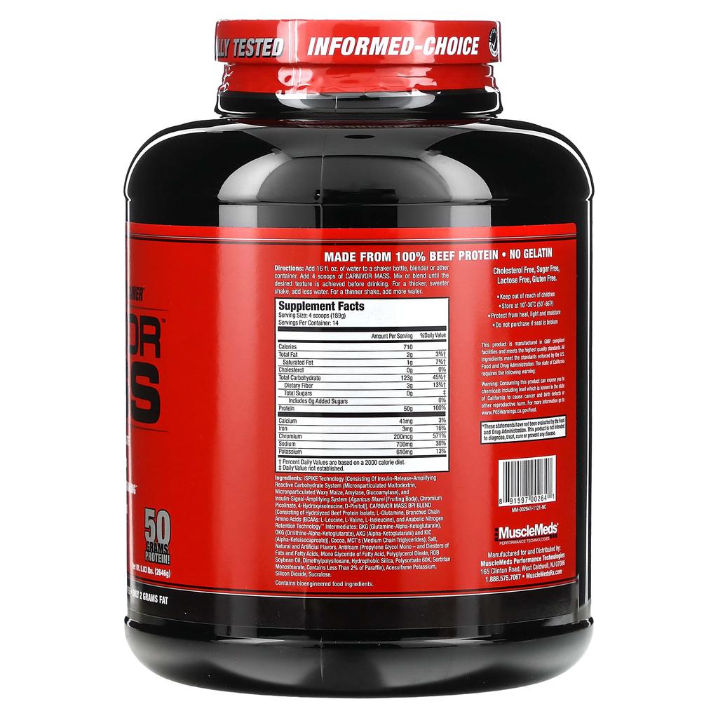 MuscleMeds, Carnivor Mass, Anabolic Beef Protein Gainer, Chocolate Fudge, 2,716 g(5.99 lbs)