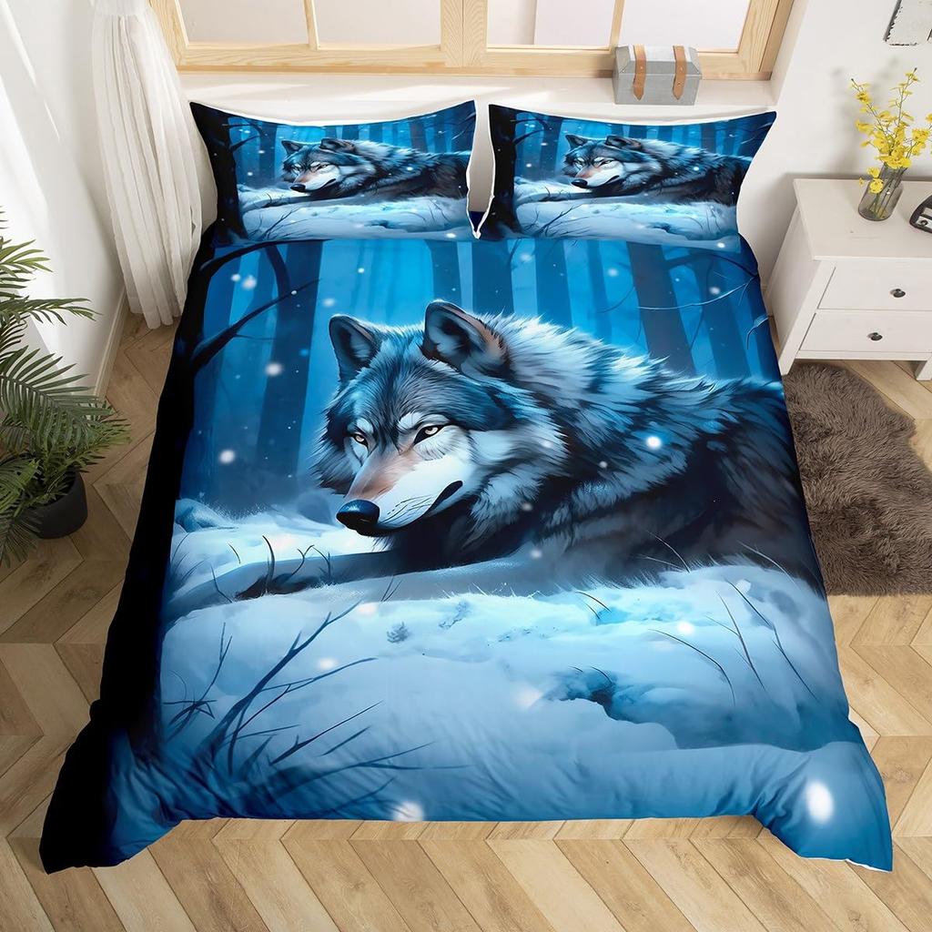 Wolf Warm Comforter Cover King Quen,Safari Animal Beding Set for Young Boys Adult Peoples Wild Wolves Soft Duvet Cover Smoky Mountain Comfortable